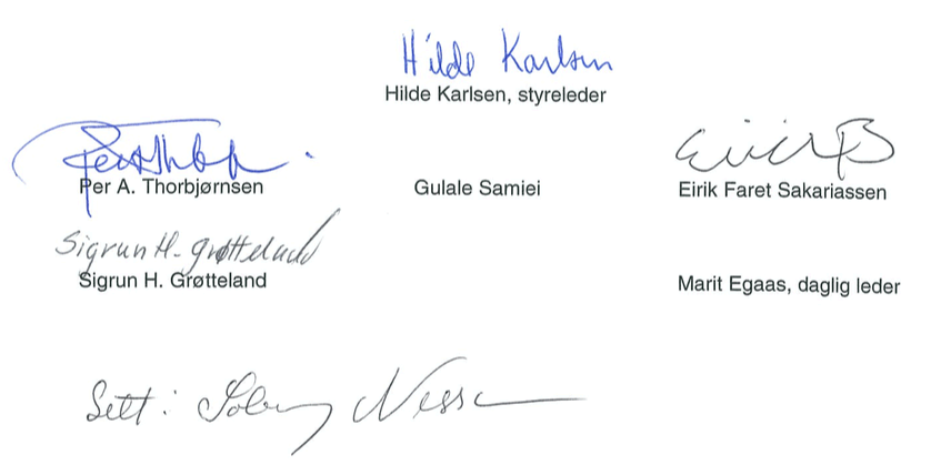 Hilde Karlsen, styreleder;Per A. Thorbjørnsen;Gulale Samiei;Eirik Faret Sakariassen;Sigrun H. Grøtteland;Marit Egaas, daglig leder