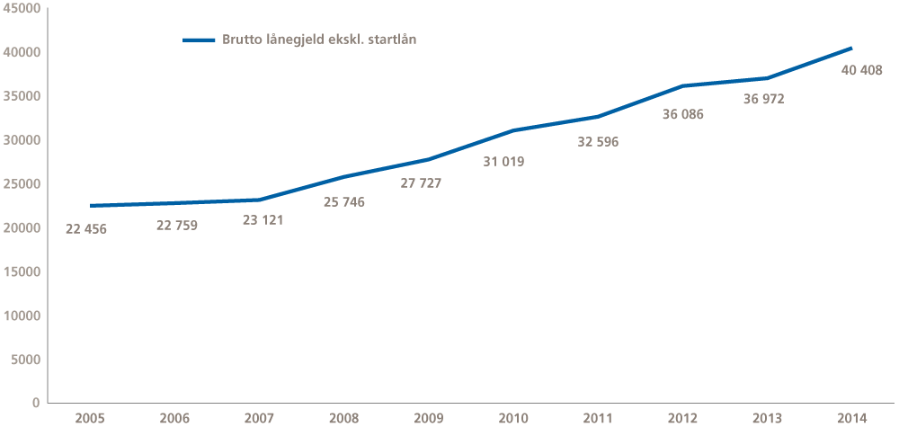 Figur 3.17 Utvikling i brutto lånegjeld per innbygger 2005-2014